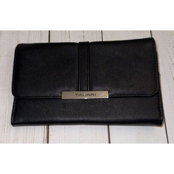 Tahari Black Identity Protection Bi Fold Wallet Faux Leather 7.75”x4.5x1” VGUC - Picture 1 of 8